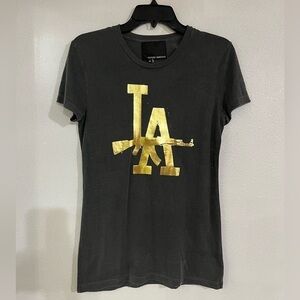Future heritage Sz M NWOT short sleeve Tee charcoal, gray gold letters, graphic